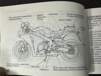 Honda Fireblade CBR1000RR 2008 2009 Owners Manual Book Booklet 00X37-MFL-6000